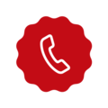Rød telefon receiver på hvid baggrund i en rund badge