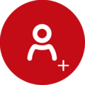 Rund rød knap med et hvidt brugerikon og et plus-tegn, symbol for tilføj.