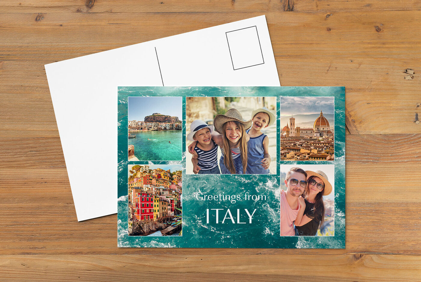 Postkort med billeder fra Italien og teksten "Greetings from Italy"